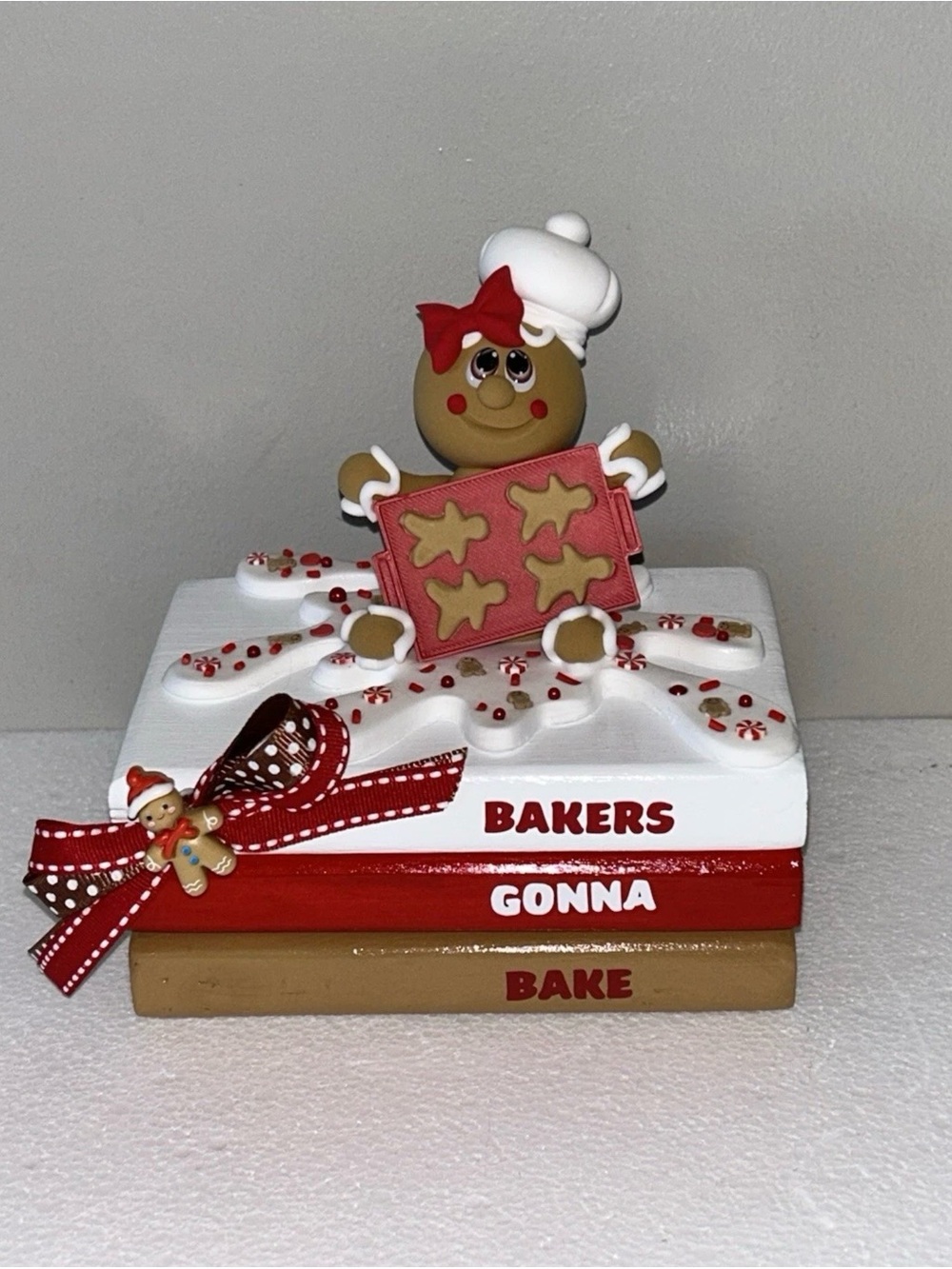 Fake Gingerbread Baker Tabletop Accent Book Stack - Red, White & Brown Handmade
